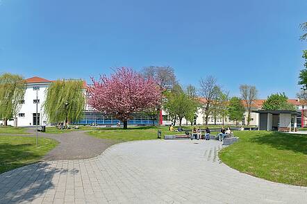 Foto: Blick auf den weitläufigen Campus der Fachhochschule Erfurt mit vielen Grünflächen.