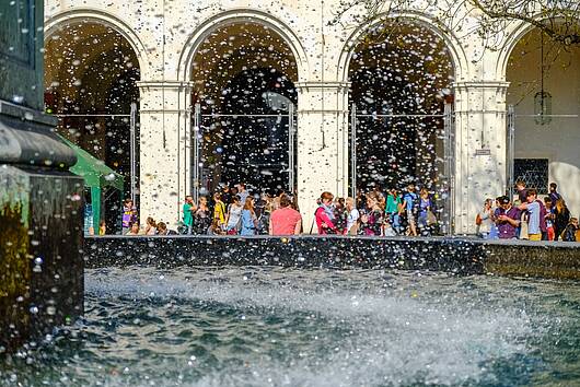 Image: Fountain in front of the main building.